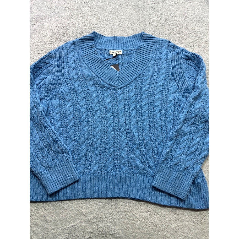 Ava & Viv Womens 2X Blue Cable Knit V-Neck Pullover Sweater NWT